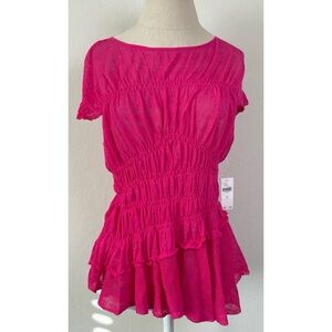 Anthropologie Pink Rose Ruched Mesh Sheer Stretchy Blouse